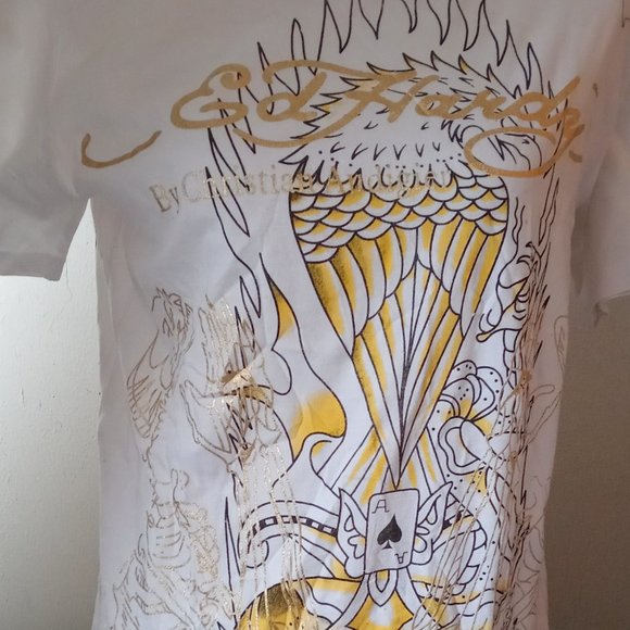New Ed Hardy by Christian Audigier White w/ Shiny Gold Women's L Tee T Shirt NWT - Picture 1 of 9